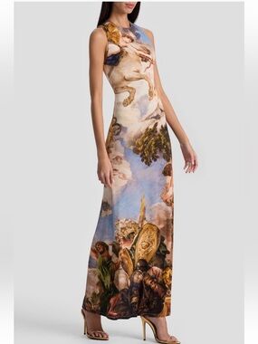 Alice + Olivia Delora Sky Blu Multicolour Renaissance Print Maxi Dress 12